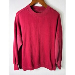Aerie Women Sweatshirt Red Small Oversized Waffle Knit Contrast Crewneck Cozy